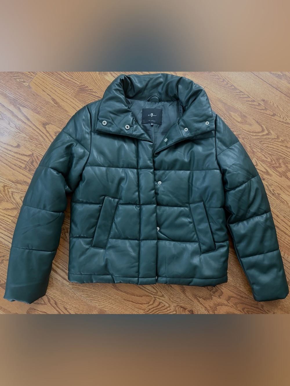 7 For All Mankind Dark Green Faux Leather Quilted Puffer Jacket